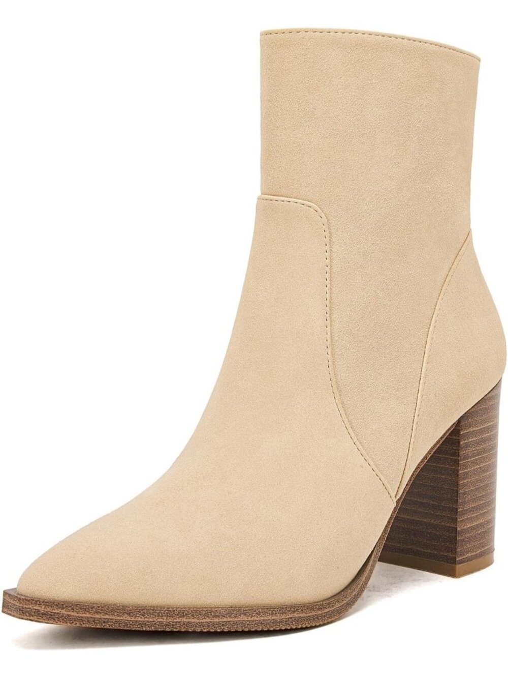 Women's Beige Chunky Stacked Heel Side Zipper Pointed Toe Stylish Ankle Booties